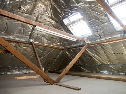 Isolation des combles 100m2 : vue d'un grenier en cours d'isolation avec matériaux réfléchissants et charpente bois.