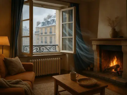 Salon cosy avec feu de cheminée, fenêtre ouverte sur un paysage enneigé. L'air frais circule, offrant une agréable **aération maison**.