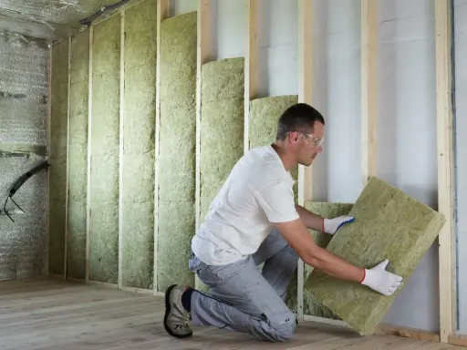 Un ouvrier installe un isolant minéral dans un mur en bois. Un bon **prix isolation** pour un confort thermique optimal.