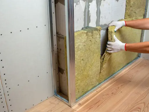 Pose d'isolant minéral pour comment insonoriser une chambre à coucher. Pose de laine de roche dans une structure métallique.