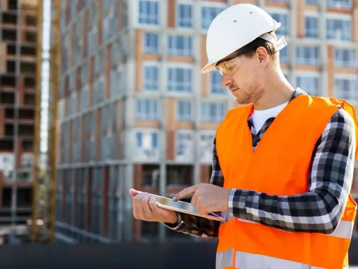 Ingénieur consultant un plan sur tablette devant un immeuble en construction.