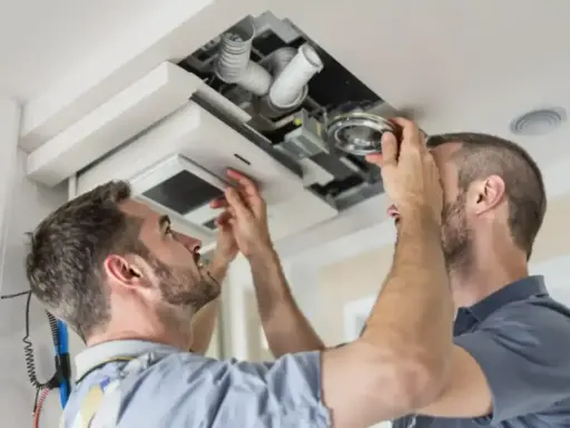 Deux hommes installent un système VMC dans un faux plafond. C'est là où se trouve la VMC dans une maison.