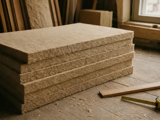 Panneau de fibre de bois empilé, prêt pour l'isolation. Un inconvénient potentiel : la poussière.