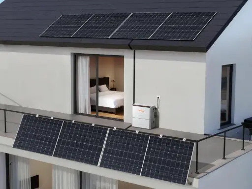 Panneaux solaires sur un toit et une terrasse, connectés à une batterie Jackery. Un avis sur un panneau solaire plug and play.