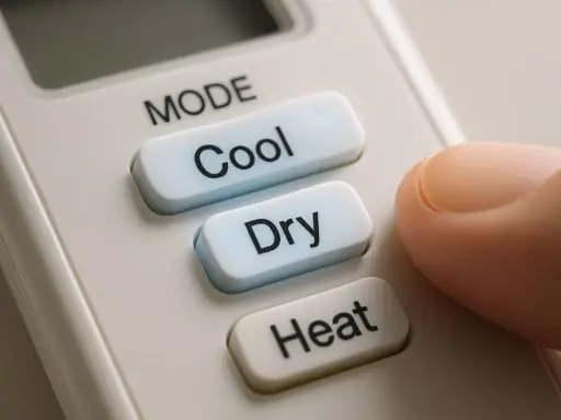 Doigt appuyant sur le bouton "Cool" d'une télécommande de climatiseur. Le mode cool est idéal pour les journées chaudes.