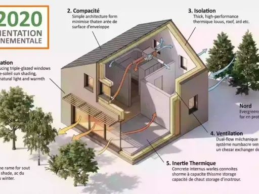 Maison économe en énergie RE 2020 : orientation, compacité, isolation, ventilation et inertie thermique pour un confort durable.