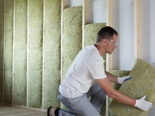 Un ouvrier installe des panneaux d'isolant dans un mur en bois. Il est important de connaître le prix au m2 pour l'isolation intérieure afin de maîtriser son budget travaux.