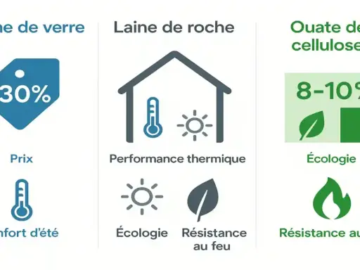 Comparaison : laine de verre (prix), laine de roche (performance thermique, écologie, résistance au feu) et ouate de cellulose (écologie, résistance au feu).