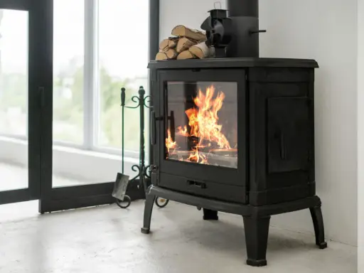 Un feu crépite dans ce cee poele a bois noir, prêt à réchauffer la pièce. Des bûches attendent sur le dessus.