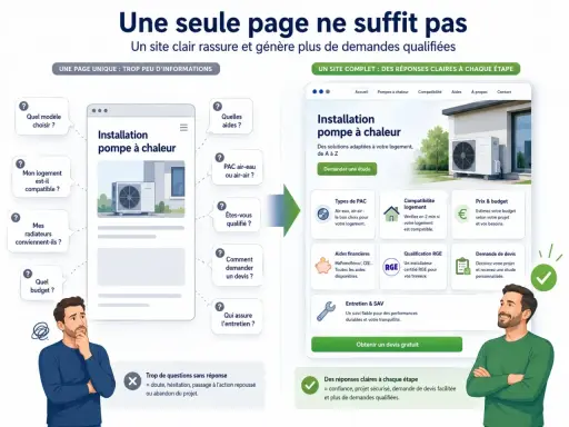 Un homme perplexe face à une page web sur l'installation de pompe à chaleur. Le site "prime cee climatisation" propose des réponses claires pour un projet réussi.