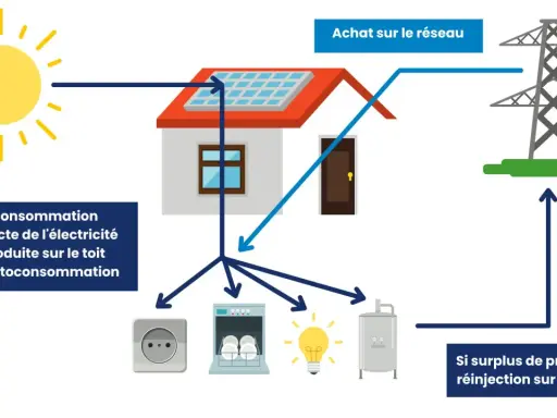 Schéma illustrant l'autoconsommation : le soleil alimente une maison avec panneaux solaires. L'électricité produite est consommée directement ou réinjectée sur le réseau.