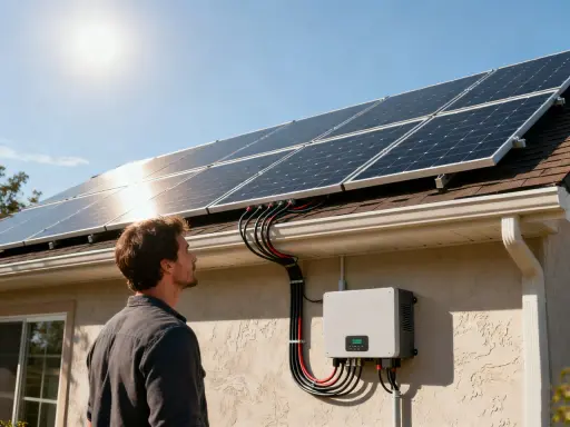 Un homme regarde des panneaux solaires sur un toit. Un onduleur est fixé au mur, gérant l'énergie grâce à la technologie MPPT pour une efficacité maximale.