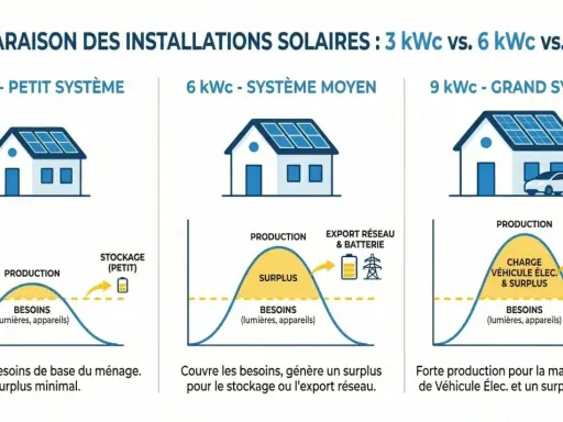 Comparaison de la puissance panneau solaire : 3, 6 et 9 kWc. Le système 9 kWc offre une forte production pour la maison, la recharge de véhicule électrique et un surplus important.