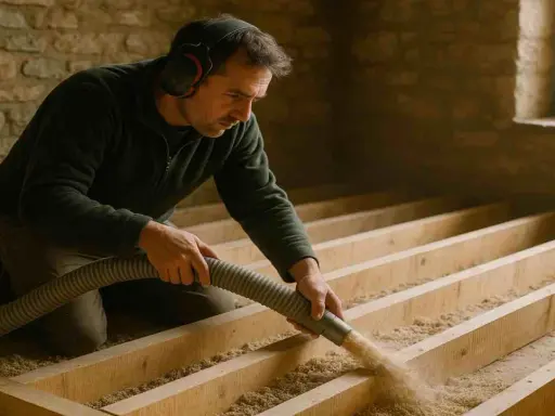 Pose d'isolation chanvre : prix m2. Un homme installe un isolant naturel dans une structure en bois.