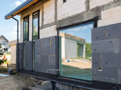 Maison en construction avec isolation par l'extérieur en panneaux gris. Les fenêtres reflètent le ciel bleu et un autre bâtiment.