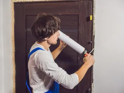 Un homme en salopette bleue utilise une mousse expansive pour comment isoler une porte.