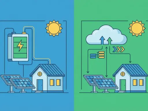 Comparaison entre une batterie virtuelle photovoltaïque et un stockage cloud pour l'énergie solaire.