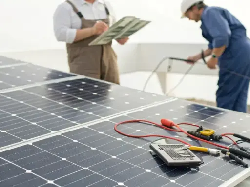 Techniciens effectuant le calcul batterie solaire, avec des panneaux solaires et du matériel de mesure.