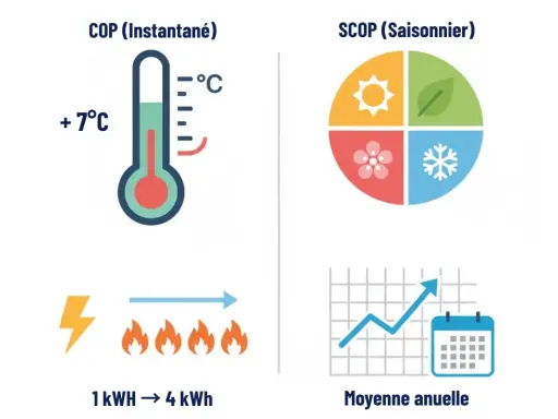 Illustration du rendement d'une pompe à chaleur : COP instantané avec thermomètre et 1 kWh pour 4 kWh de chaleur, et SCOP saisonnier avec les saisons et une moyenne annuelle.