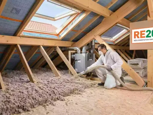 Pose de laine de verre 2 couches dans un grenier pour une isolation optimale, conforme à la RE2020.
