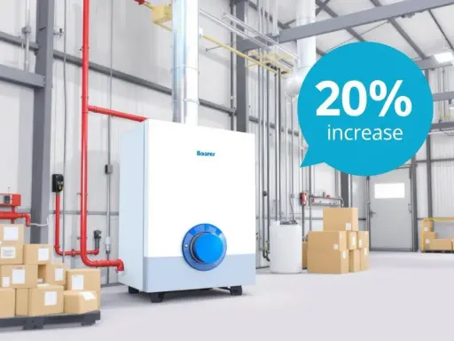 Chaudière gaz Boarer dans un entrepôt. Un message indique "20% increase". Entretien chaudière gaz.