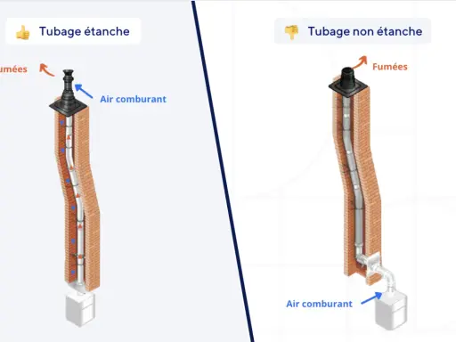 Comparaison de tubages de cheminée : étanche (conforme réglementation) vs non étanche. L'étanche assure une bonne évacuation des fumées et l'apport d'air comburant.