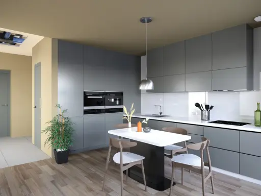 Cuisine moderne avec îlot central. Un système hygro A ou B est visible au plafond, assurant une ventilation optimale.