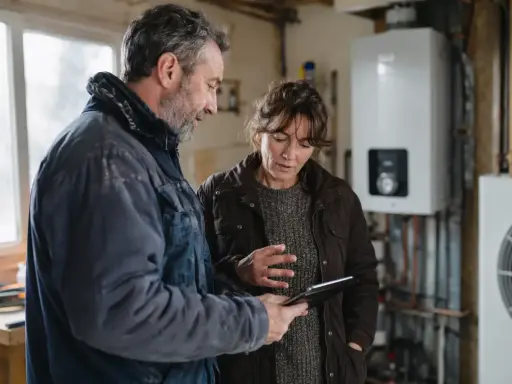 Un couple discute sur une tablette, visiblement déçu par un refus de banque pour un éco-prêt à taux zéro.