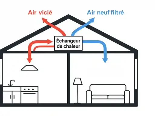 Schéma d'une VMC double flux : l'air vicié sort par la bouche en hauteur, l'air neuf filtré entre.