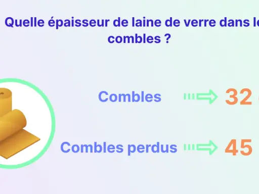 Rouleaux de laine de verre pour l'isolation des combles. L'épaisseur recommandée est de 32 cm pour les combles aménagés et 45 cm pour les combles perdus.