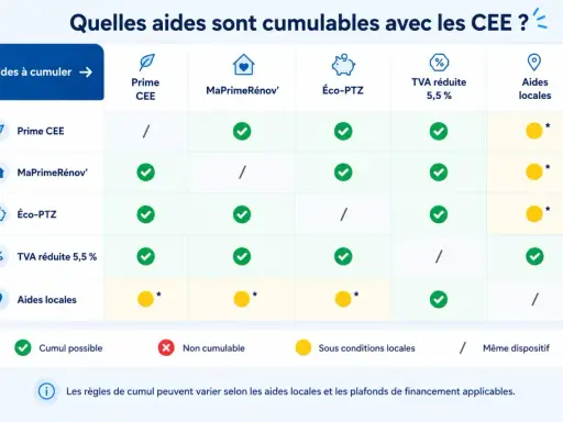Tableau comparatif des aides cumulables avec la Prime CEE : MaPrimeRénov', Éco-PTZ, TVA réduite 5,5% et aides locales.