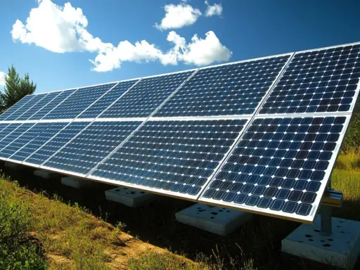 Panneaux solaires installés sur un terrain herbeux, sous un ciel bleu avec des nuages. Idéal pour apprendre comment installer des panneaux solaires soi même.