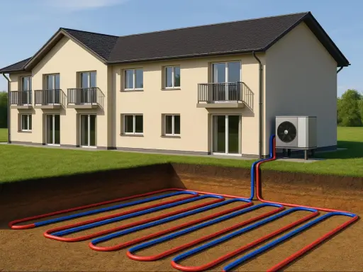 Vue d'une maison avec une installation géothermie. Des tuyaux rouges et bleus serpentent dans le sol, connectés à une unité extérieure.