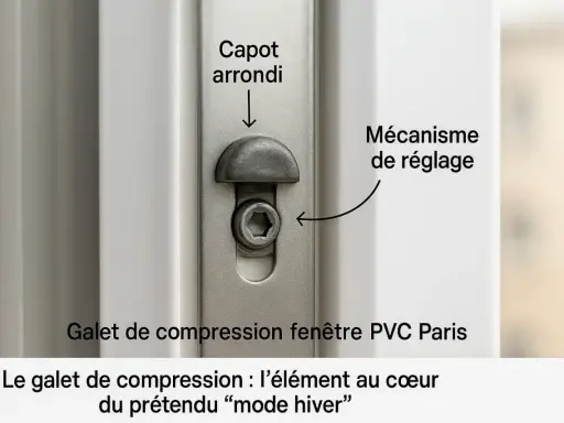 Détail d'un galet de compression sur une fenêtre PVC, élément clé du prétendu "mode hiver".