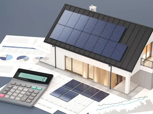 Maison avec panneaux solaires sur le toit et au sol, entourée de graphiques et d'une calculatrice pour le calcul ensoleillement toiture.