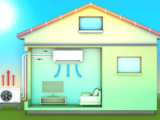 Schéma d'une maison avec une unité extérieure et une unité intérieure d'un PAC monobloc ou bibloc, montrant le flux d'air chaud et froid.