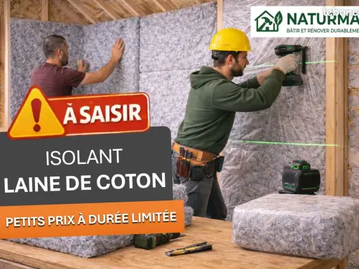 Pose d'isolant en laine de coton dans un chantier. Offre spéciale "À saisir" sur cet isolant naturel.