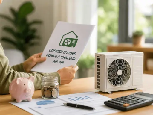 Une personne examine un dossier sur le prix d'une pompe à chaleur air air, avec une tirelire et une calculatrice à proximité.