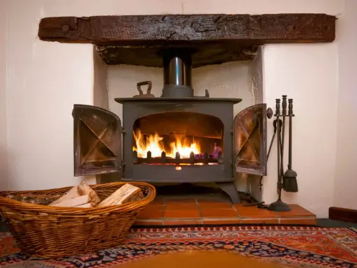 Un insert cheminée moderne, idéal pour ma prime rénov, diffuse une douce chaleur. Un panier de bois à côté promet des soirées cosy.