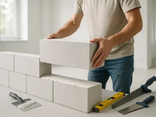 Un maçon pose une brique de béton cellulaire isolant. Des outils de maçonnerie sont visibles.