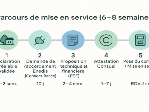 Schéma des étapes pour la mise en service d'un panneau photovoltaïque, incluant l'attestation de conformité Consuel.