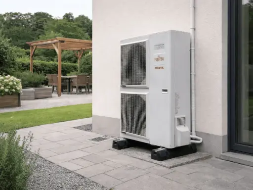 Unité extérieure d'une pompe à chaleur Fujitsu Atlantic, installée sur une terrasse. L'image suggère la fiabilité et la durée de vie d'une pompe à chaleur.