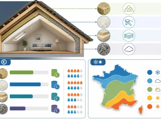 Coupe d'une maison montrant l'isolation des combles aménageables avec différents matériaux et leur coût. Carte de France des zones climatiques.