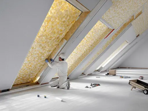 Un ouvrier installe un matériau isolant jaune texturé dans un grenier, assurant le meilleur isolant thermique pour la maison.