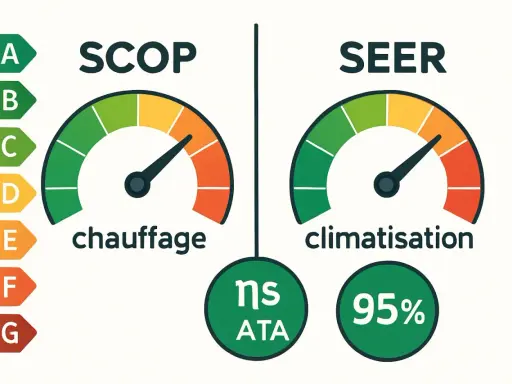 Indicateurs SCOP et SEER pour l'efficacité énergétique saisonnière. Le chauffage est à 95%, la climatisation est bonne.