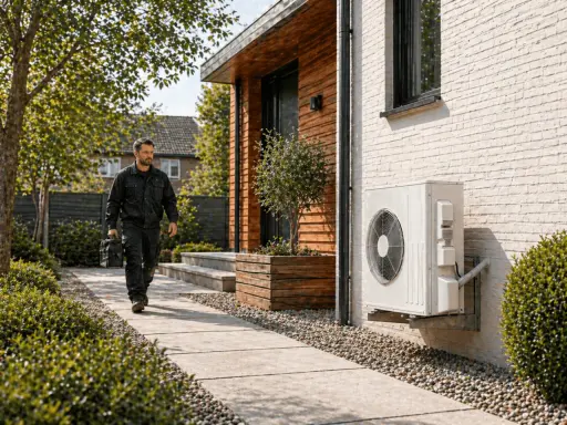 Un technicien se dirige vers une pompe à chaleur air air non réversible installée sur un mur de briques.
