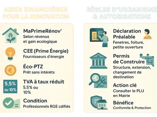 Aide rénovation maison ancienne : MaPrimeRénov', CEE, Éco-PTZ, TVA réduite. Règles d'urbanisme : Déclaration préalable, Permis de construire.