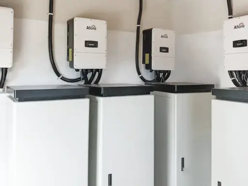 Plusieurs onduleurs Afore sont installés au-dessus de caissons blancs. Ces appareils sont essentiels pour la définition d'un onduleur dans un système d'énergie solaire.