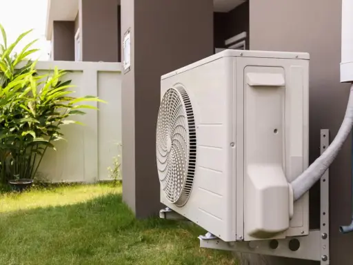 Unité extérieure de pompe à chaleur avec tuyau pour l'évacuation eau condensation. L'appareil est fixé au mur d'une maison, près d'une pelouse et de végétation.