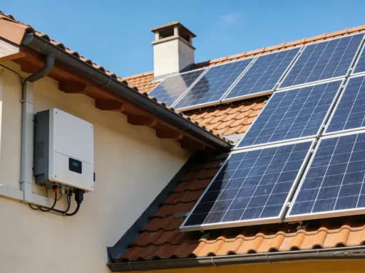 Panneau solaire sur un toit avec un onduleur blanc. Pour savoir si un onduleur ne fonctionne plus, vérifiez son écran ou les voyants lumineux.